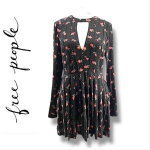 FREE PEOPLE Black with Red Floral white dots keyhole front & back Long Sl SZ SP